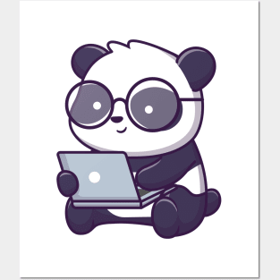 Cute panda working on laptop Posters and Art